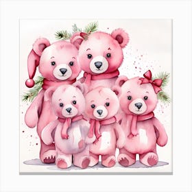 Christmas Pink Bear Family Watercolour Canvas Print