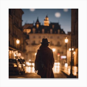 Woman Walking Down The Street At Night Canvas Print