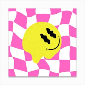 Checkerboard Acid House Melting Smiley, 90's Rave Canvas Print
