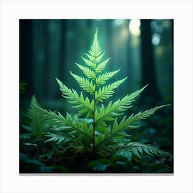 A Radiant Fern With Fronds Of Cascading, Neon Light In A Magical Woodland Canvas Print