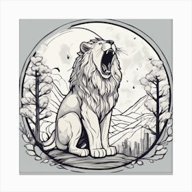 Sticker Art Design, Lion Howling To A Full Moon, Kawaii Illustration, White Background, Flat Colors, (1) Canvas Print