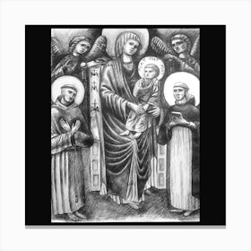 Holy Virgin enthroned with baby Jesus, angels and saints Francis and Dominic: Graphic design by Cimabue Canvas Print