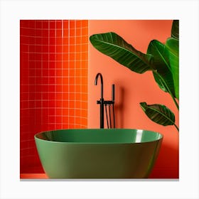 Bathroom With Green Tub And Plant Canvas Print