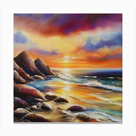 Artwork, oil colors, sea and sunset, seashore, beach rocks.San Francisco, USA.8 Canvas Print