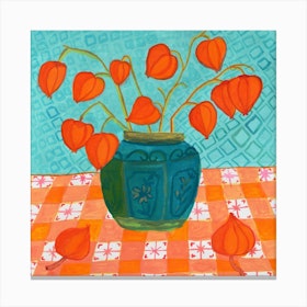 Orange Physalis Plant In Ginger Jar Square Canvas Print