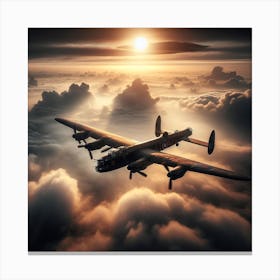 Lancaster Bomber flying through mist and clouds sun in background over dover 2/4 (ww2 World War 2 Pilot Flying Ace Sunset) Canvas Print