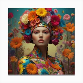 a woman in a colorful flower headdress, in the style of three-dimensional effects, pop-inspired imagery, uhd image, layered collages, barbie-core, futuristic pop, floral creative collage digital art by Paul Henderson, in the style of flower power, vibrant portraiture, UHD image, mike campau, multi-layered color fields, peter Mitchel, mandy disher flower collage art by, in the style of retro-futuristic cyberpunk,
2 Canvas Print