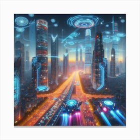 A futuristic cityscape with flying cars1 Canvas Print