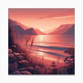 Evening Rosegold Beach at sunset amidst the mountains in an art print 1 Canvas Print