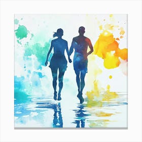 Couple Running On Water Splashes Canvas Print