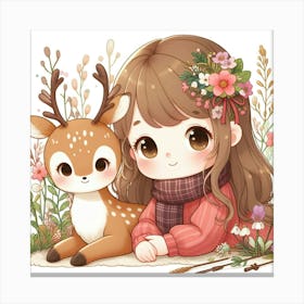 Cute Girl And Deer Canvas Print