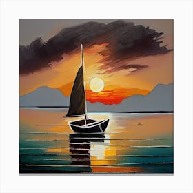 Landscape painting, sunset, boat and sea, oil painting Canvas Print