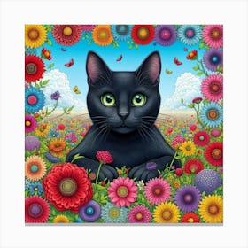 Black Cat In A Flower Field Canvas Print