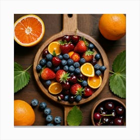 Top Down Shot of strawberries, blueberries, cherries, and oranges arranged symmetrically on a wooden platter. Sitting on a wooden table with leaves and cooking utensils on it 3 Canvas Print