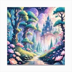 A Fantasy Forest With Twinkling Stars In Pastel Tone Square Composition 214 Canvas Print