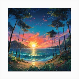 Majestic Sunset Over a Tranquil Beach Encircled by a Lush Forest Canvas Print