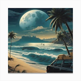 Full Moon, Sandy Parking Lot, Surfboards, Palm Trees, Beach, Whitewater, Surfers, Waves, Ocean, Clou (1) Canvas Print