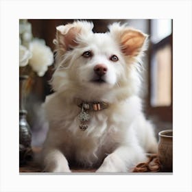 White Dog In Front Of A Window Canvas Print