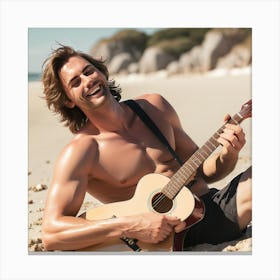 Man Playing Guitar On Beach Canvas Print