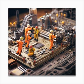 Miniature Workers Working On A Computer Canvas Print