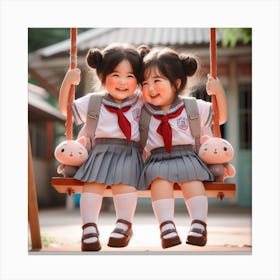Two Asian Girls On A Swing 1 Canvas Print
