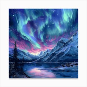 Lake Aurora Borealis Nature Landscape Moutains Stars Scenic Northern Lights Painting Digital Art Canvas Print