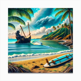Beach Scene Sailing Ship Wreck In The Foregroun 2 Canvas Print