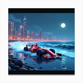 Formula Car Racing Along A Coastline Under Neon Lit Skyscrapers, Waves Crashing Below 1 Canvas Print