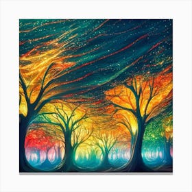 A captivating scene of trees that appear to be alive, with twinkling lights and vibrant 17 Canvas Print