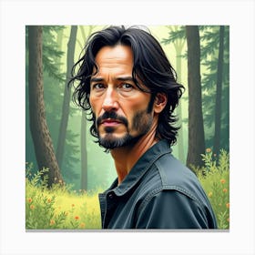 Watercolor Portrait Of Keanu Reeves In A Tranquil Forest Clearing Canvas Print