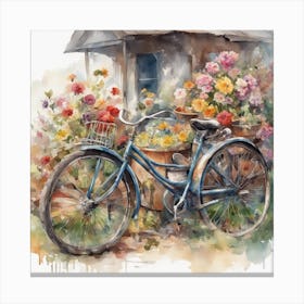 A Watercolor Detailed Painting Of Junk Yard Featuring A Vintage Bicycle Beautiful Colourful Flowers Canvas Print