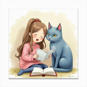 Watercolor Russian Blue Cat And A Young Woman Reading Together Canvas Print