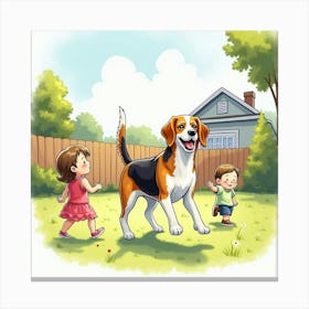 A Lively Beagle Playing In The Backyard With A Family, Watercolor 1 Canvas Print