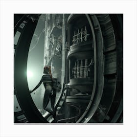 girl exploring the dark of a huge derelict spacecraft Digital Art Canvas Print