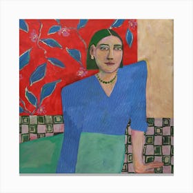 A woman in a blue sweater in the garden Canvas Print