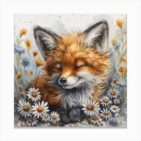 Cute Newborn Fox In Flowers Blue White Grey Colours 2 Canvas Print