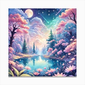 A Fantasy Forest With Twinkling Stars In Pastel Tone Square Composition 376 Canvas Print