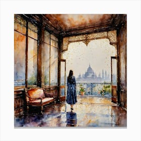 Watercolor Of A Woman Looking Out A Window Canvas Print