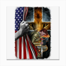 Woman Warrior Of Christian Jesus Lion American Cross Flag Canvas Print