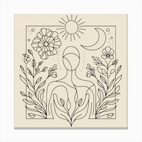 Line Drawing Of A Woman With Flowers Canvas Print