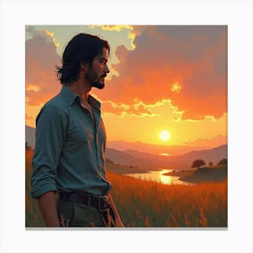 Keanu Reeves In A Tranquil Watercolor Landscape With A Glowing Sunset Canvas Print