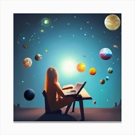 Girl Studying With Planets Canvas Print