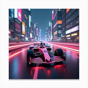 Formula Car Racing On A Futuristic Neon Lit Highway Cutting Through Cyberpunk City 1 Canvas Print