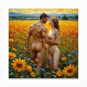 Nude Couple In Sunflower Field Canvas Print