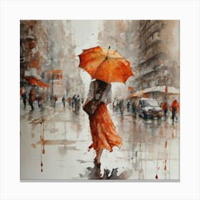 Woman Holds Orange Umbrella On Street Canvas Print