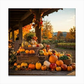 An Organic Farm During A Jubilant Fall Festival Apple And Pumpkin Decorations Adorn The Table A Co (1) Canvas Print