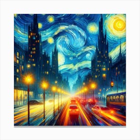 Neon Sonata of the Cityscape, Inspired by Vincent van Gogh's swirling Starry Night and emotive brushstrokes 3 Canvas Print