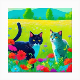 Two Cats In A Flower Field Canvas Print