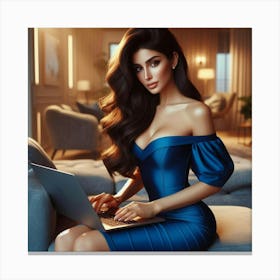 Beautiful Woman In Blue Dress Using Laptop Canvas Print