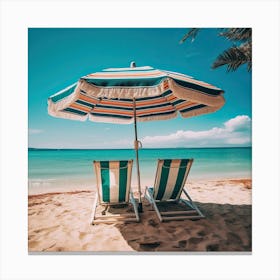 Vintage Beach Striped Umbrella Summer Photography Canvas Print